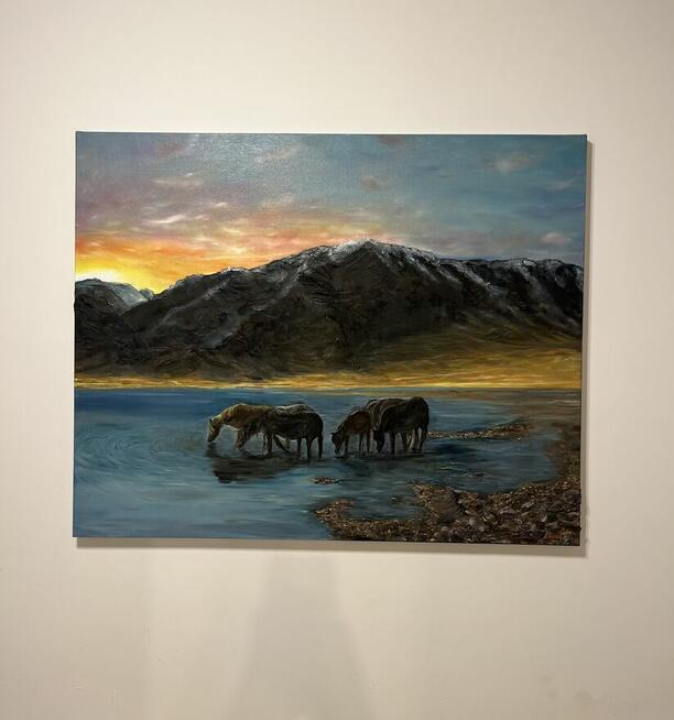 Złota chwila. Obraz duży do salonu. Pejzaż.Konie.Olej 100-80