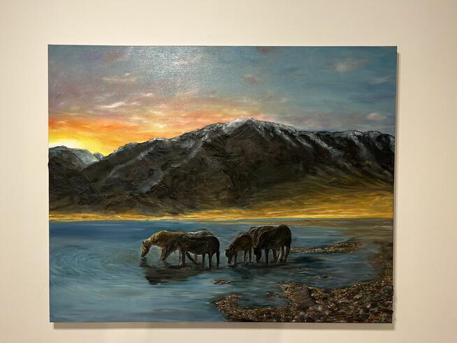 Złota chwila. Obraz duży do salonu. Pejzaż.Konie.Olej 100-80