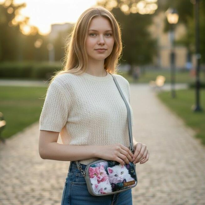 Mini torebka box prostokątny z ekoskóry z motywem kotów