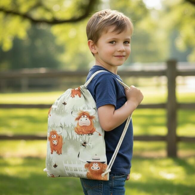 Plecak Worek Bawełniany dla dzieci 35x45 - Zabawne szkockie krowy