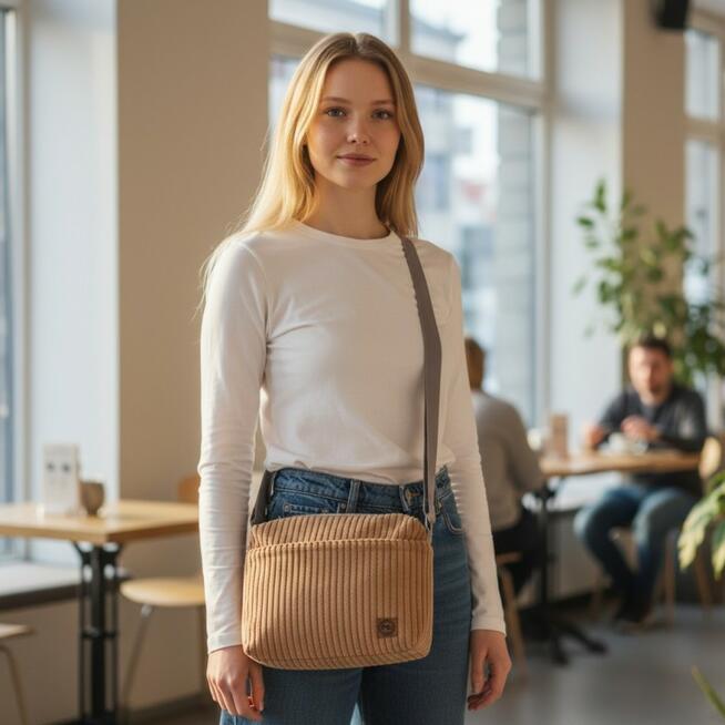 Torebka Sztruksowa Jasnobrązowa z Kieszonką na Magnes – Handmade