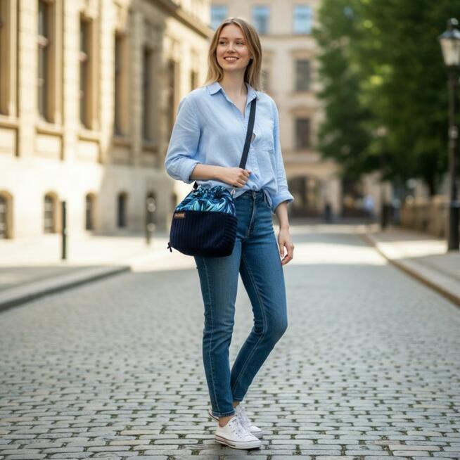 Torebka Sakiewka Sztruksowa Granatowa z Motywem Ebru – Handmade