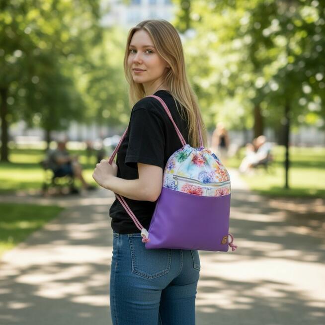 Worko-Plecak Fioletowy z Motywem Dmuchawców – Handmade z Ukrytą Kieszenią na Zamek