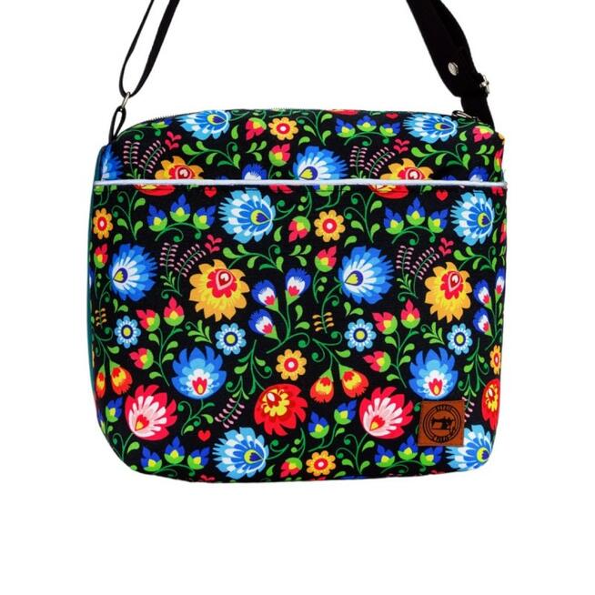 Torebka Na Ramię z Motywem Ludowych Kwiatów i Turkusową Ekoskórą – Handmade