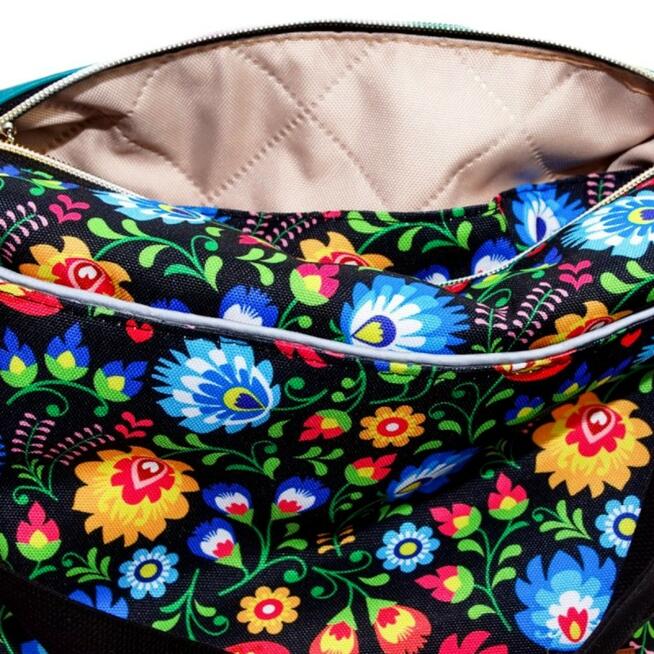 Torebka Na Ramię z Motywem Ludowych Kwiatów i Turkusową Ekoskórą – Handmade