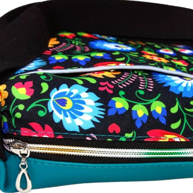 Torebka Na Ramię z Motywem Ludowych Kwiatów i Turkusową Ekoskórą – Handmade