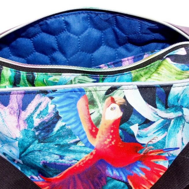 Torebka Na Ramię z Motywem Papugi i Fioletową Ekoskórą – Handmade