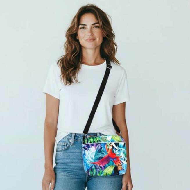 Torebka Na Ramię z Motywem Papugi i Fioletową Ekoskórą – Handmade