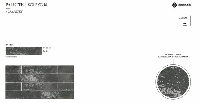 Płytki ścienne szkliwione cegiełki 30x7 Palette grafit gat.1
