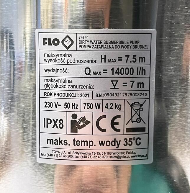 Pompa zanurzeniowa FLO do wody brudnej 750 W 14000L/h