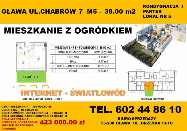 Oława mieszkanie z ogródkiem 2 pokoje .parter 38,00m2