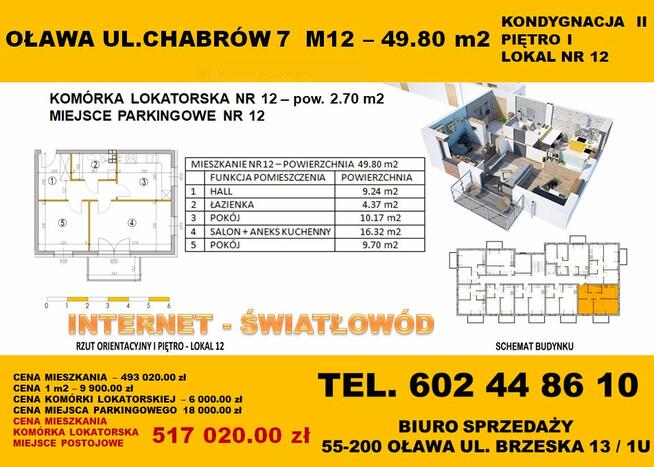 Mieszkanie Oława 3 pokoje-Ip-49,80m2-balkon-klimatyzacja