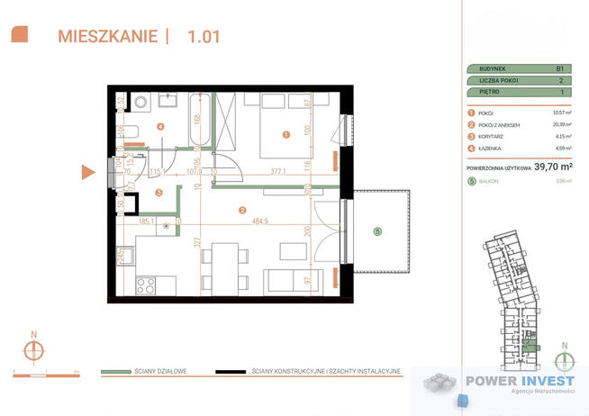 Kraków, Portowa - 2 pokoje - 39,70 m2