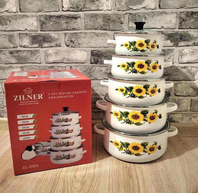 Garnki emaliowane kremowe kwiaty , truskawki , słoneczniki ,