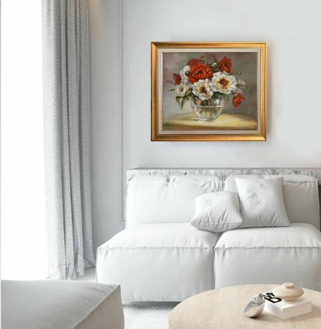 Maki -kwiaty w wazonie, obraz olejny, L. Olbrycht