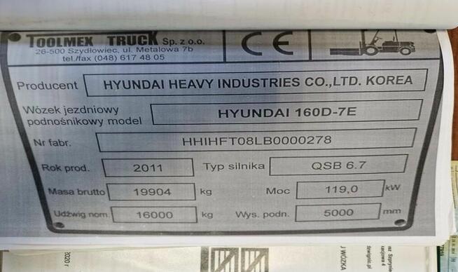 Syndyk sprzeda wózek jezdniowy Huyndai 16T, rok prod. 2011