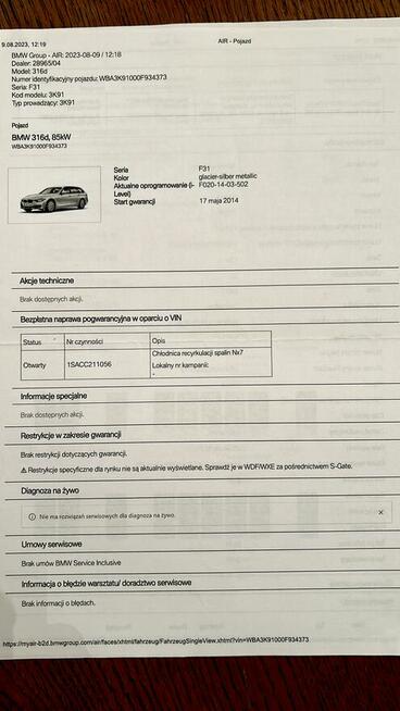 BMW 316d (F31) 2014 r. ASO, bezwypadkowy