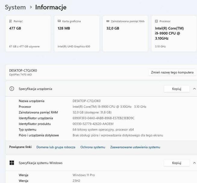 Dell OptiPlex 7470 Intel i9, 32gb ram, dysk 512GB, ekran 24