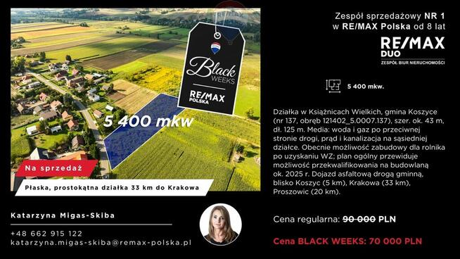 Płaska, prostokątna działka 33 km do Krakowa