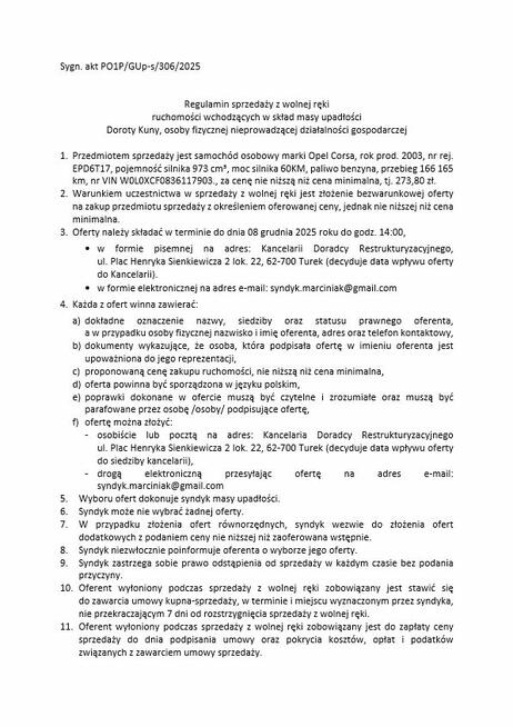 Syndyk sprzeda samochód osobowy marki Opel Corsa, rok prod.