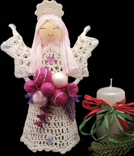 Świąteczny Anioł 24cm ręcznie wykonany podświetlany