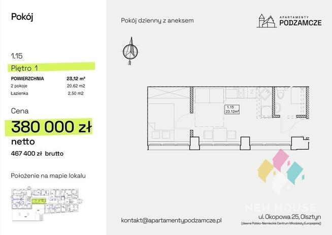Centrum, Olsztyn, Apartamenty podzamcze, 23,12 m2