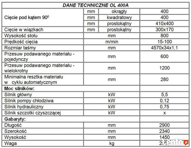Przecinarka taśmowa typ OL400A (automatyczna piła taśmowa)