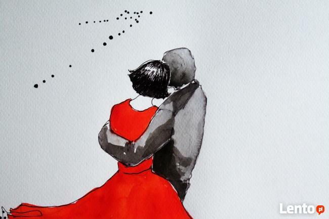 Praca akwarelą i piórkiem "PARA Z KOTEM" artystki A.Laube