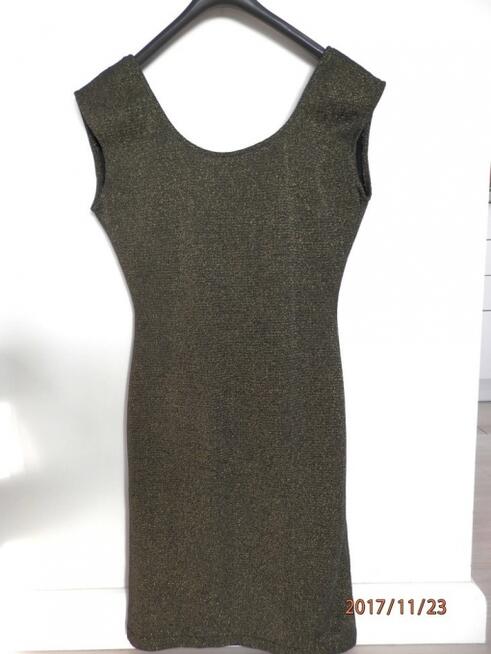 Sukienka Złota Dopasowana Ołówkowa Wieczorowa Imprezowa Midi