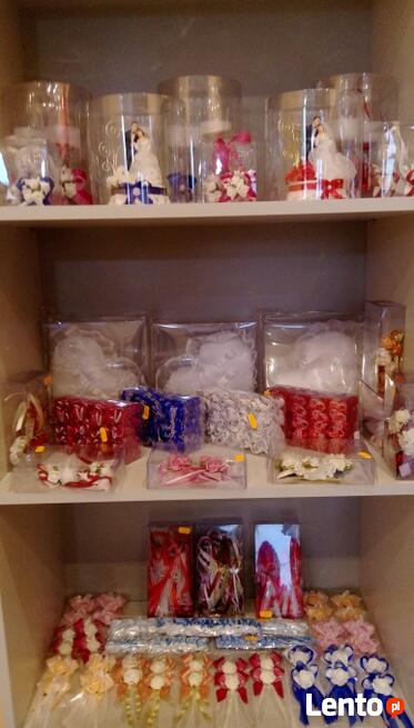 Ślub, wesele, kotyliony, zapinki, ozdoby na tort, kieliszki