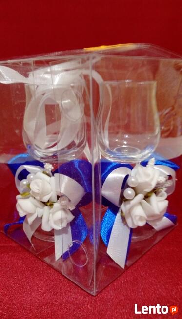 Ślub, wesele, kotyliony, zapinki, ozdoby na tort, kieliszki