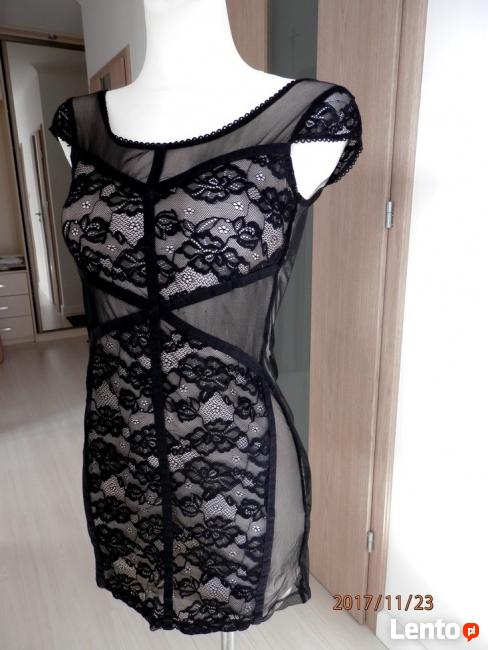 Sukienka HM Czarna Koronka Tiulowa Dopasowana Imprezowa XS