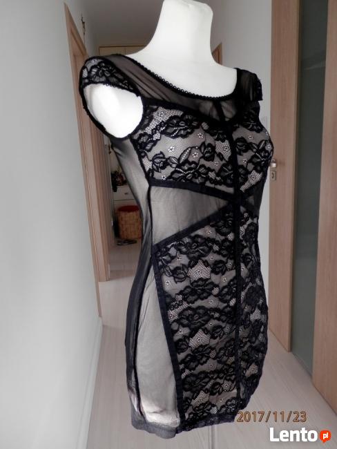 Sukienka HM Czarna Koronka Tiulowa Dopasowana Imprezowa XS