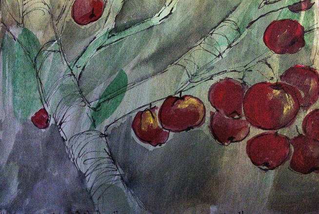 Obraz malowany akrylami na drewnie ANIOŁ Z MALINÓWKAMI