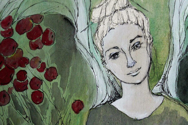 Obraz malowany akrylami na drewnie ANIOŁ Z MALINÓWKAMI