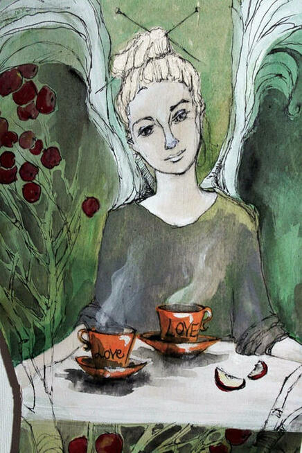 Obraz malowany akrylami na drewnie ANIOŁ Z MALINÓWKAMI