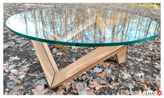 Stolik kawowy dębowy okrągły, lity DĄB, szkło hartowane