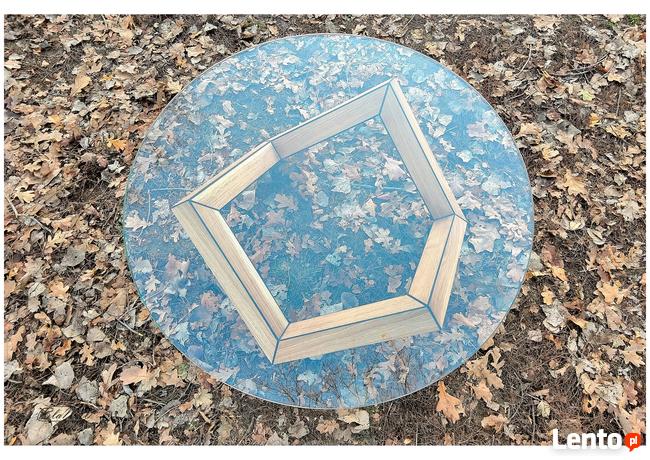 Stolik kawowy dębowy okrągły, lity DĄB, szkło hartowane