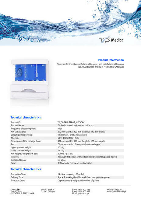 Podajnik dozownik i dyspenser na rękawice i fartuchy BIAŁY