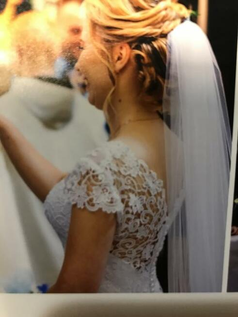 Suknia ślubna+welon śnieżna biel, gipiura włoska