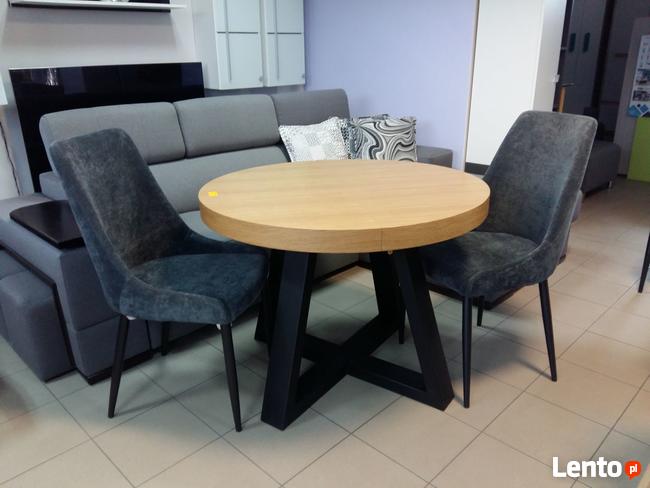 Stół okrągły dębowy LOFT, krzesła industrialny noga metalowa