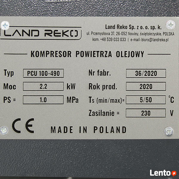 Kompresor powietrza Land Reko PCU 100l 490l/min 230V