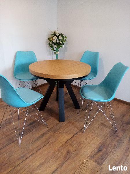 Stół dębowy okrągły LOFT-1, krzesła, dębowe, tapicerowane.