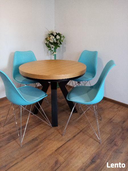 Stół dębowy okrągły LOFT-1, krzesła, dębowe, tapicerowane.