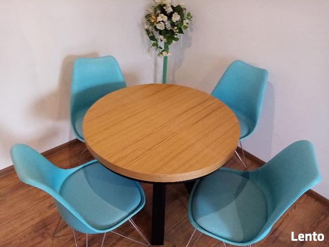 Stół dębowy okrągły LOFT-1, krzesła, dębowe, tapicerowane.