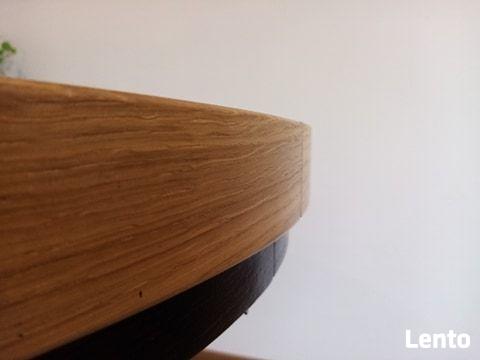 Stół dębowy okrągły LOFT-1, krzesła, dębowe, tapicerowane.