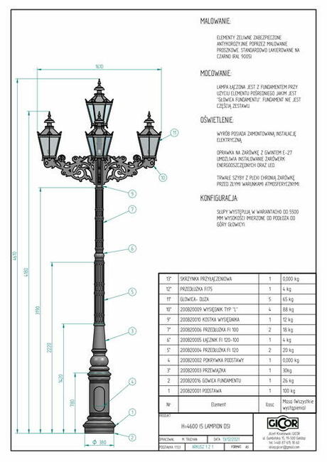 LAMPA ŻELIWNA ULICZNA H-4600mm LATARNIA TARAS OŚWIETLENIE