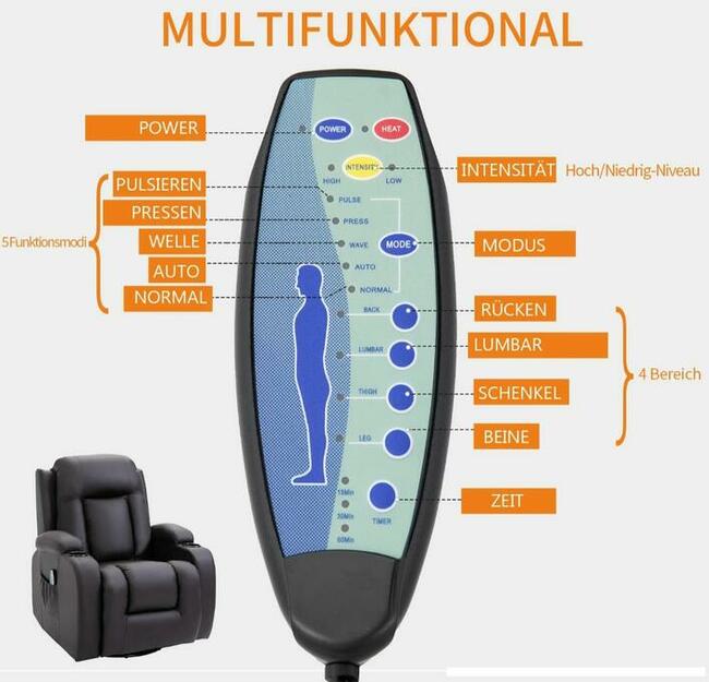 Fotel z masażem z funkcją ogrzewania, przechylenia.
