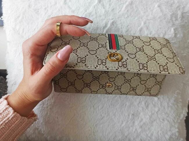 Beżowy Portfel damski Markowy Monogram - Prezent ŚWIĘTA