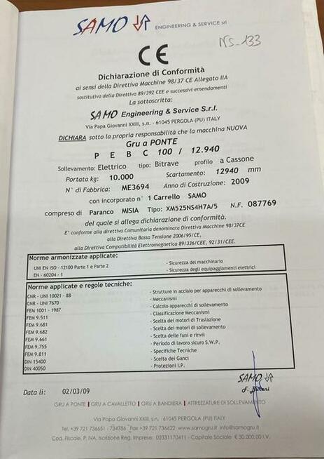 szt.5 suwnice pomostowe 10T - 16, 14, 12 m.